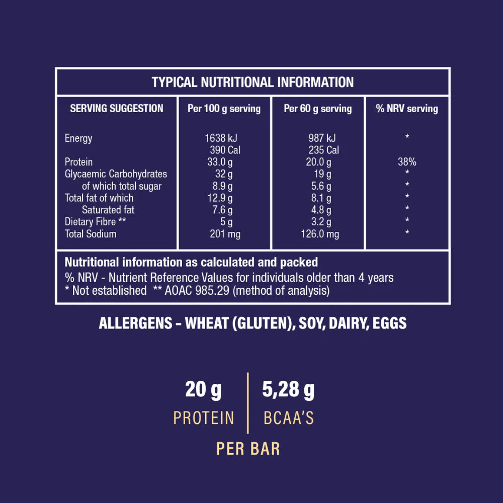 Nutritional information and allergen details on a product label with a blue background. Muscle Mecca