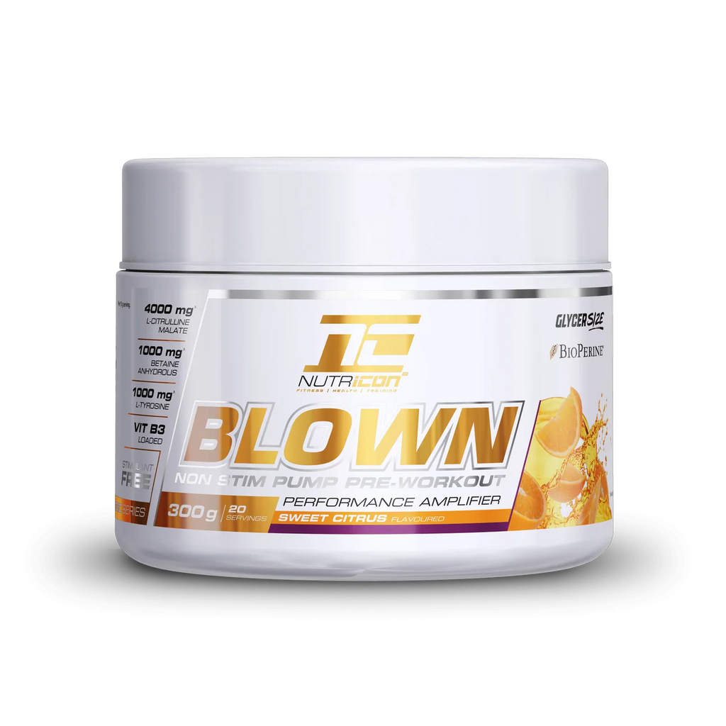 Supplement container labeled 'Blown' by JFC Nutrition on a white background Muscle Mecca