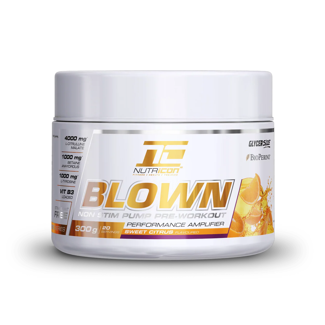Supplement container labeled 'Blown' by JFC Nutrition on a white background Muscle Mecca