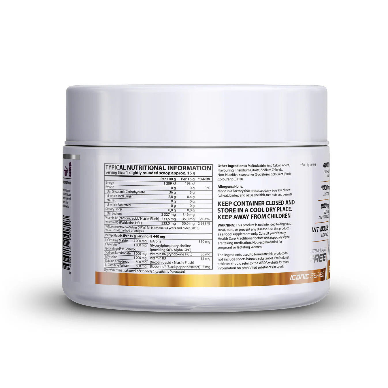 Nutritional information label on a supplement container with a white background Muscle Mecca