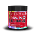 Na-No Surge pre-workout supplement container with red and black design on a transparent background Muscle Mecca