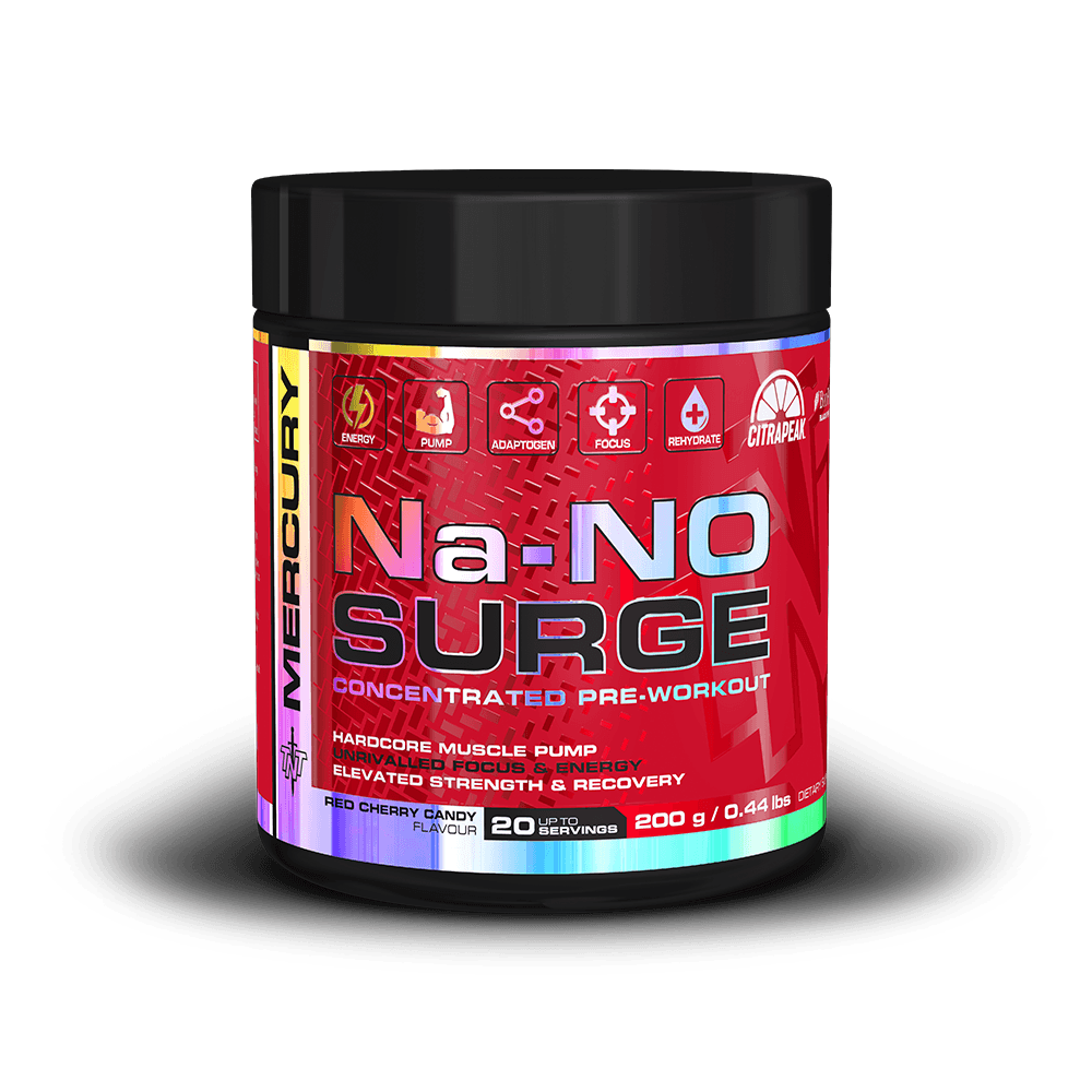 Na-No Surge pre-workout supplement container with red and black design on a transparent background Muscle Mecca
