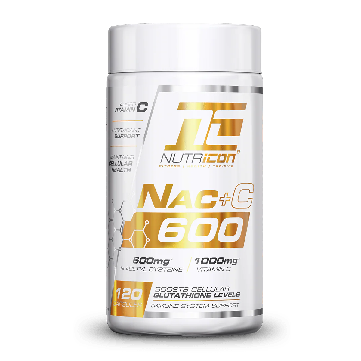 NutraIcon NAC+C 600 supplement container on a white background Muscle Mecca
