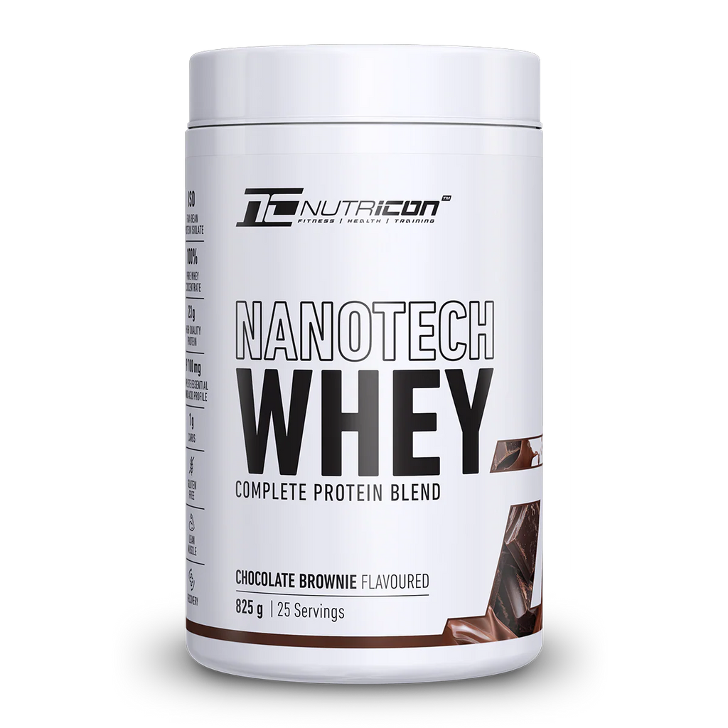 Nutricon Nanotech Whey protein powder container on a white background Muscle Mecca