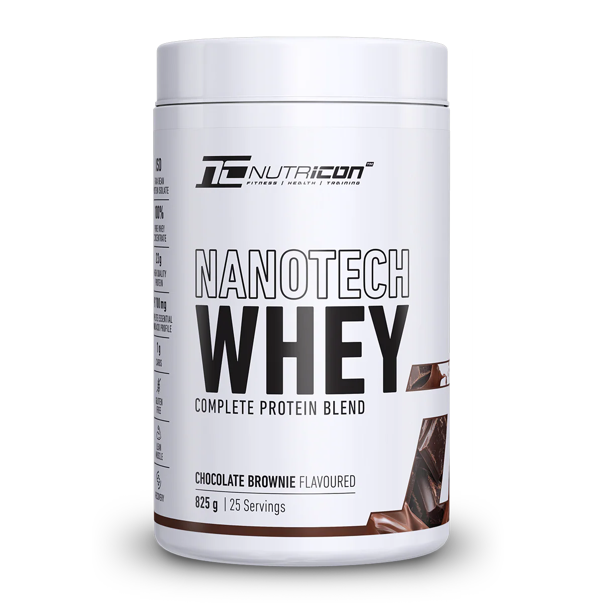 Nutricon Nanotech Whey protein powder container on a white background Muscle Mecca
