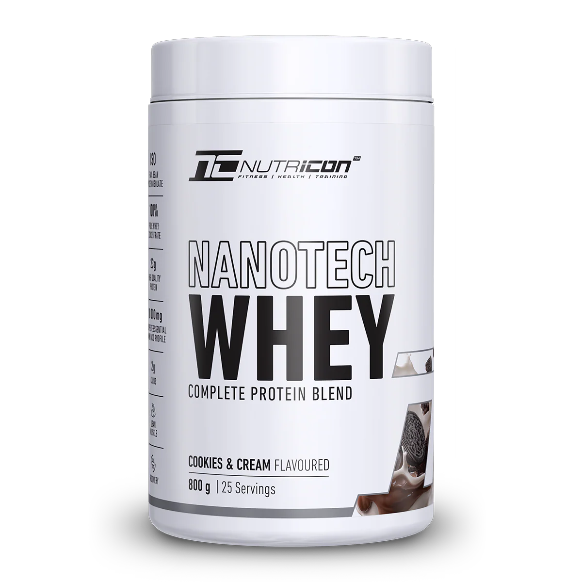 Nutricon Nanotech Whey protein powder container on a white background Muscle Mecca