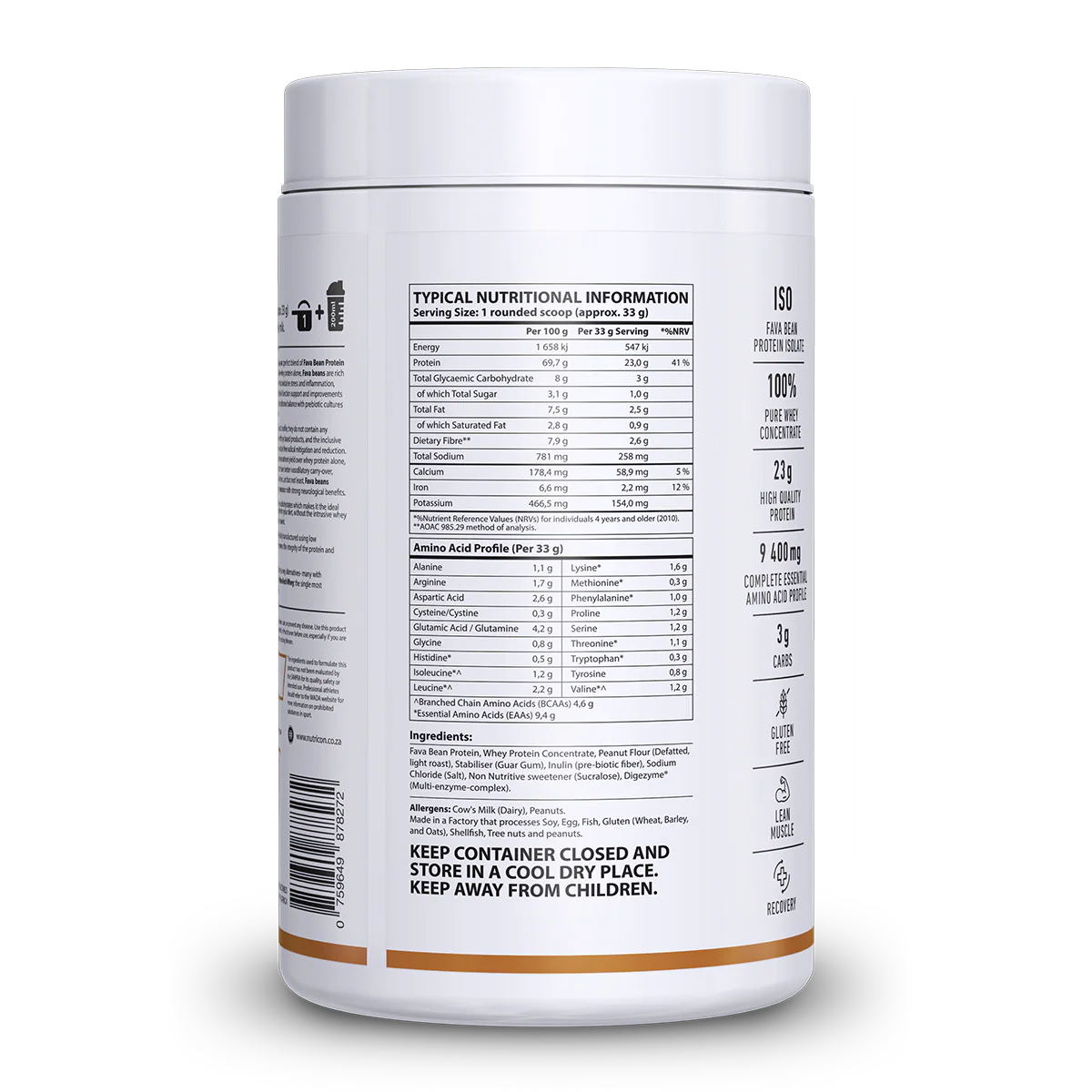 Nutritional information label on a supplement container with white background Muscle Mecca