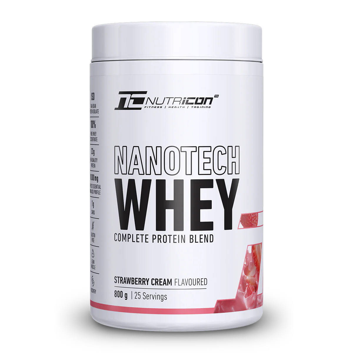 Nutricon Nanotech Whey protein powder container on a white background Muscle Mecca