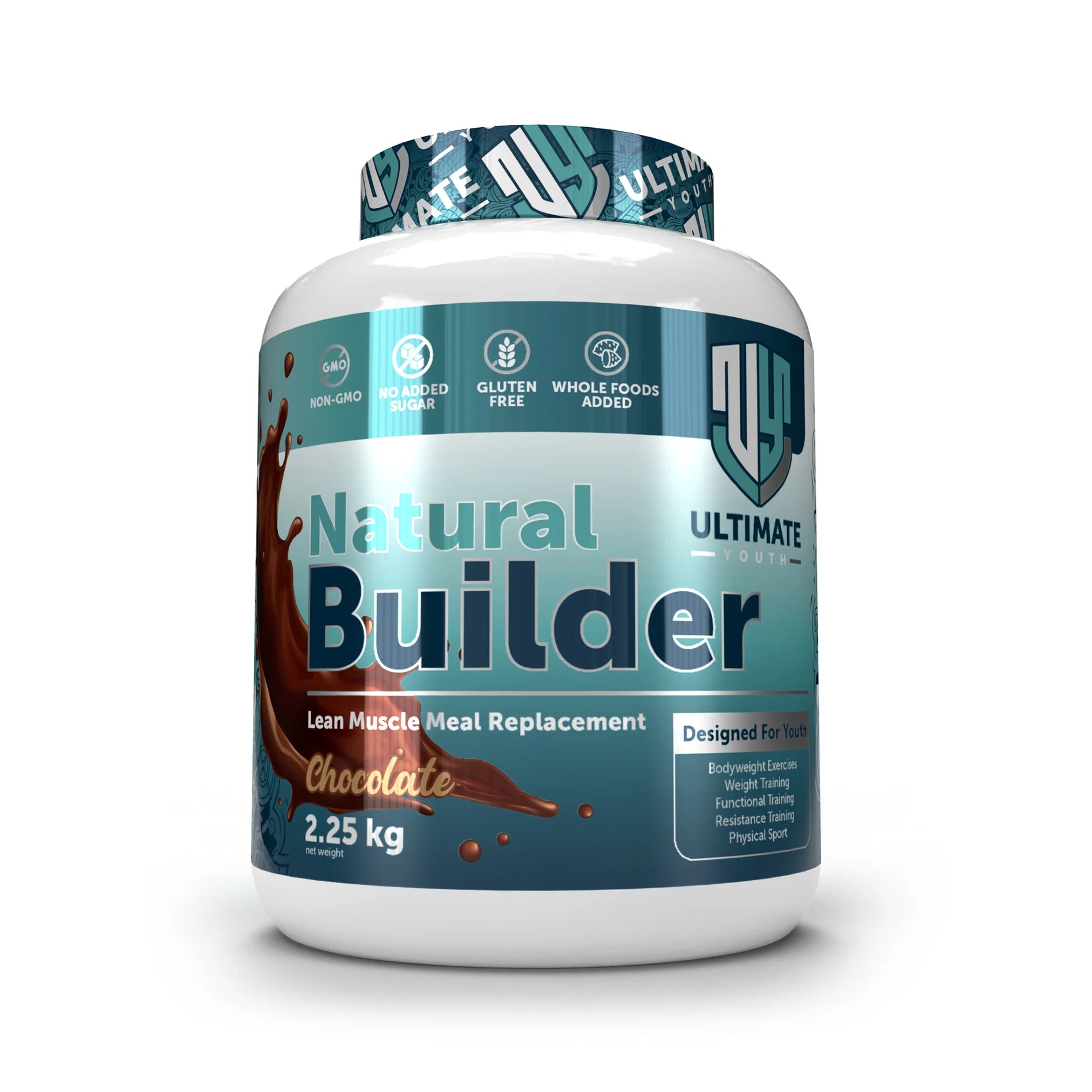 Container of Natural Builder Lean Muscle Meal Replacement on a white background
