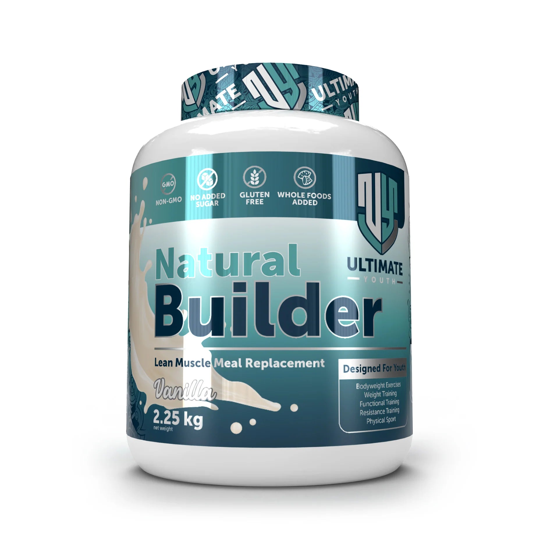 Container of Natural Builder meal replacement powder with a white background