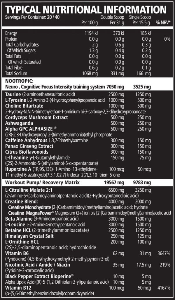 Nutritional information label for a cognitive focus training system supplement.