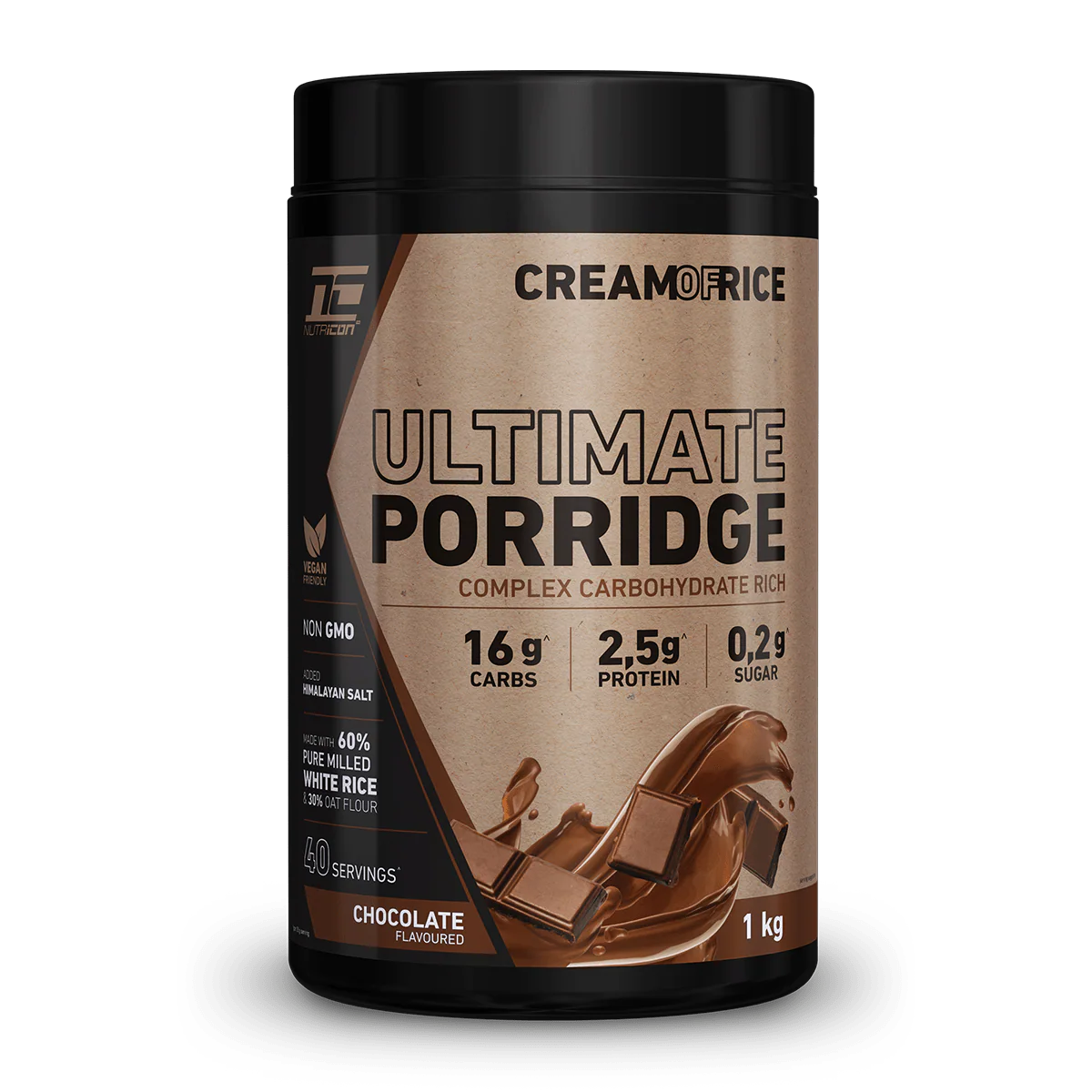 Container of Cream of Rice Ultimate Porridge with chocolate flavor on a white background Muscle Mecca