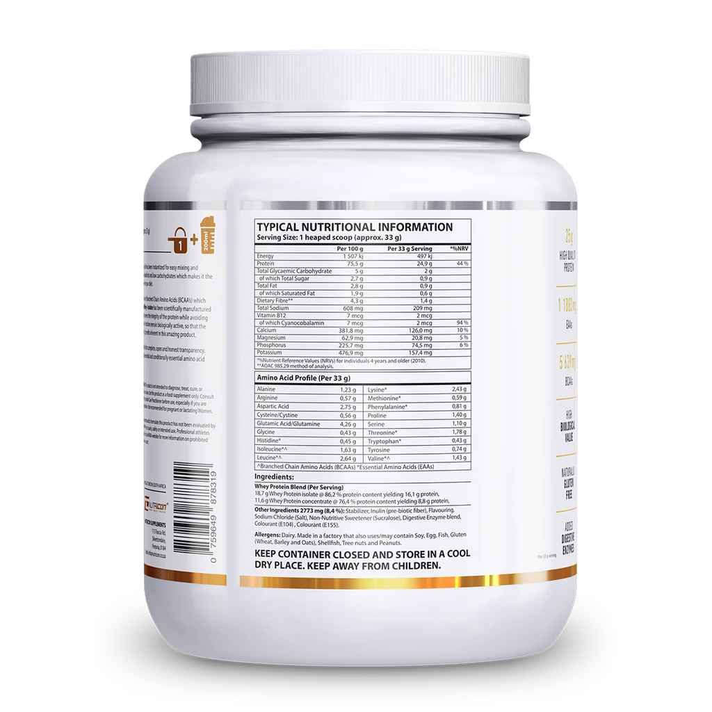 Nutritional information label on a supplement container with a white background