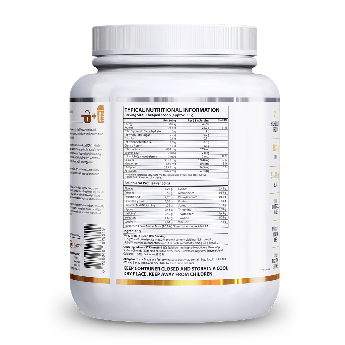 Nutritional information label on a supplement container with a white background