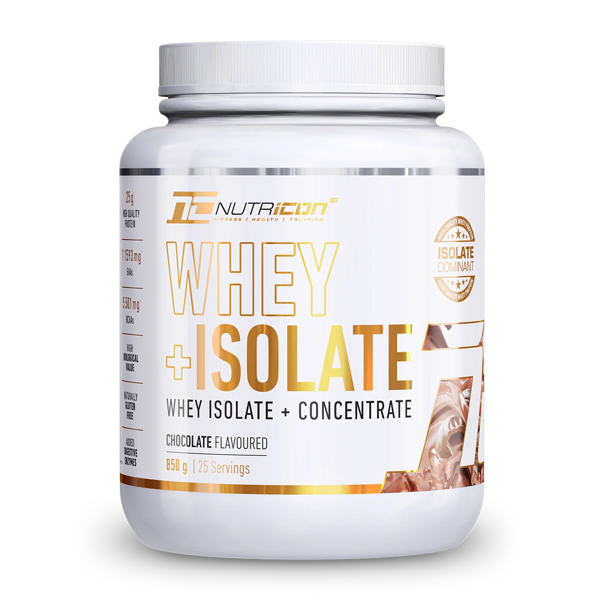 Nutra Icon whey isolate supplement container on a white background