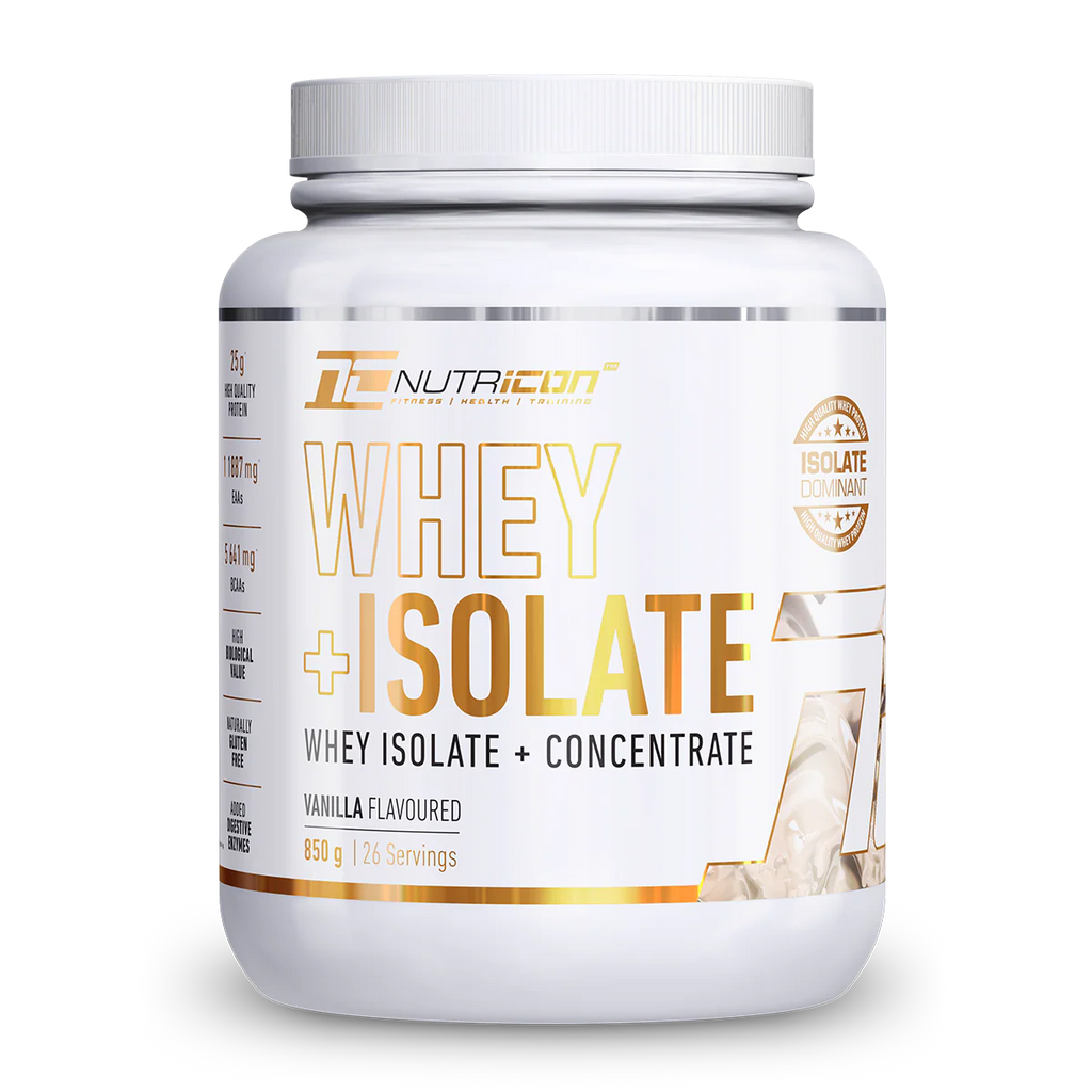 Nutritional supplement container labeled 'Whey Isolate' on a white background