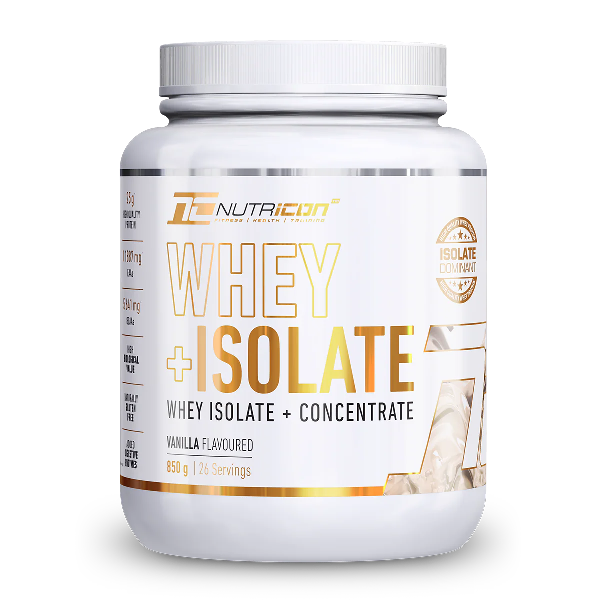 Nutritional supplement container labeled 'Whey Isolate' on a white background