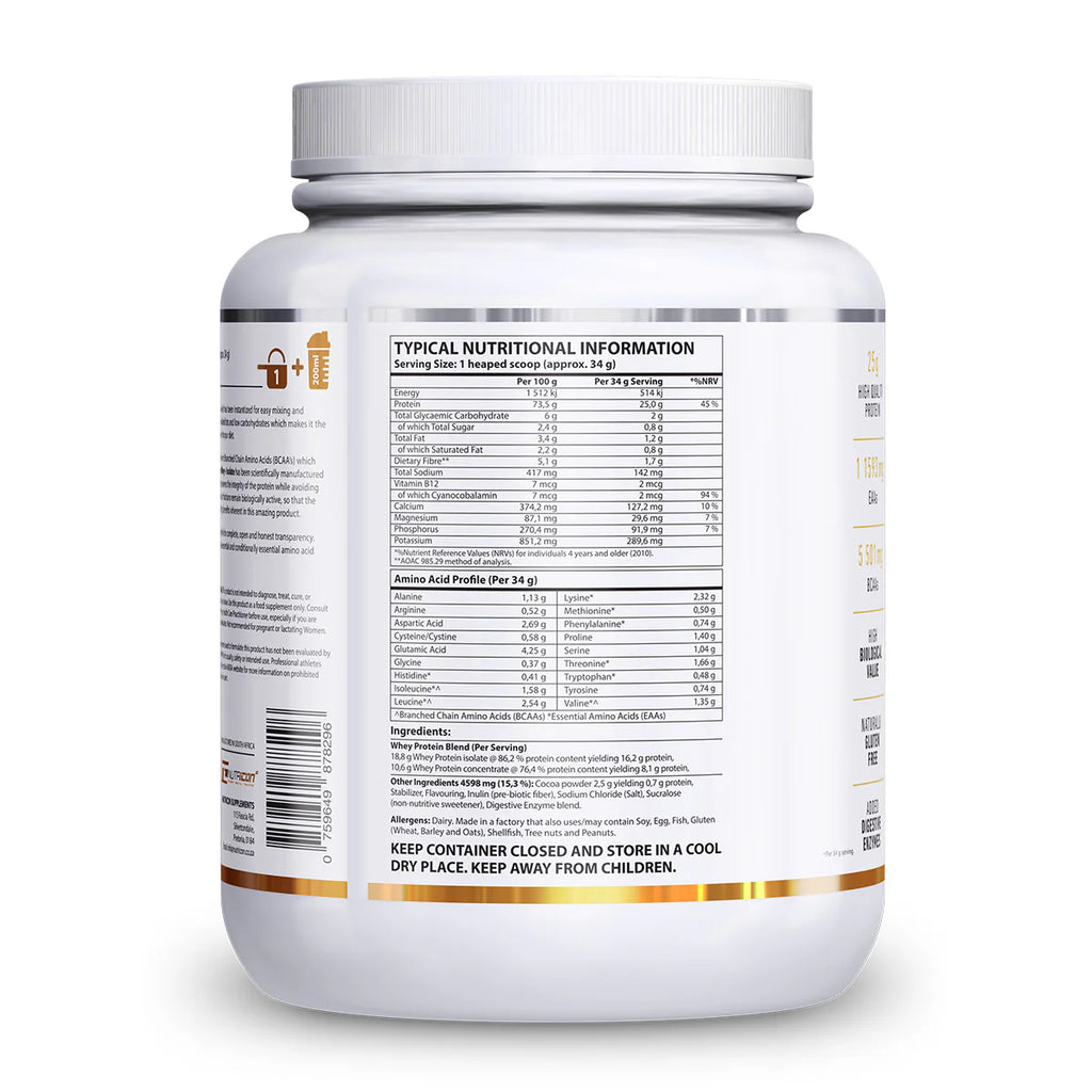 Nutritional information label on a supplement container with a white background