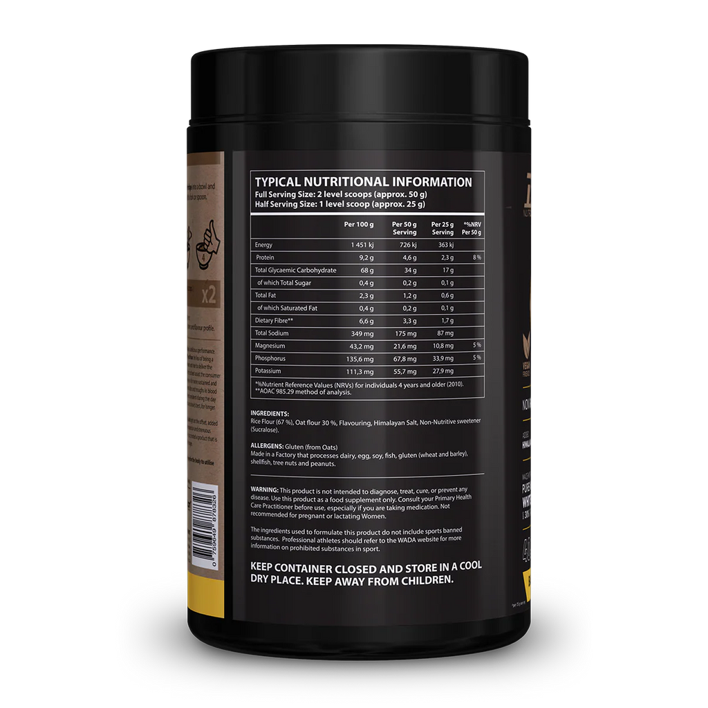 Nutritional information label on a supplement container with a white background