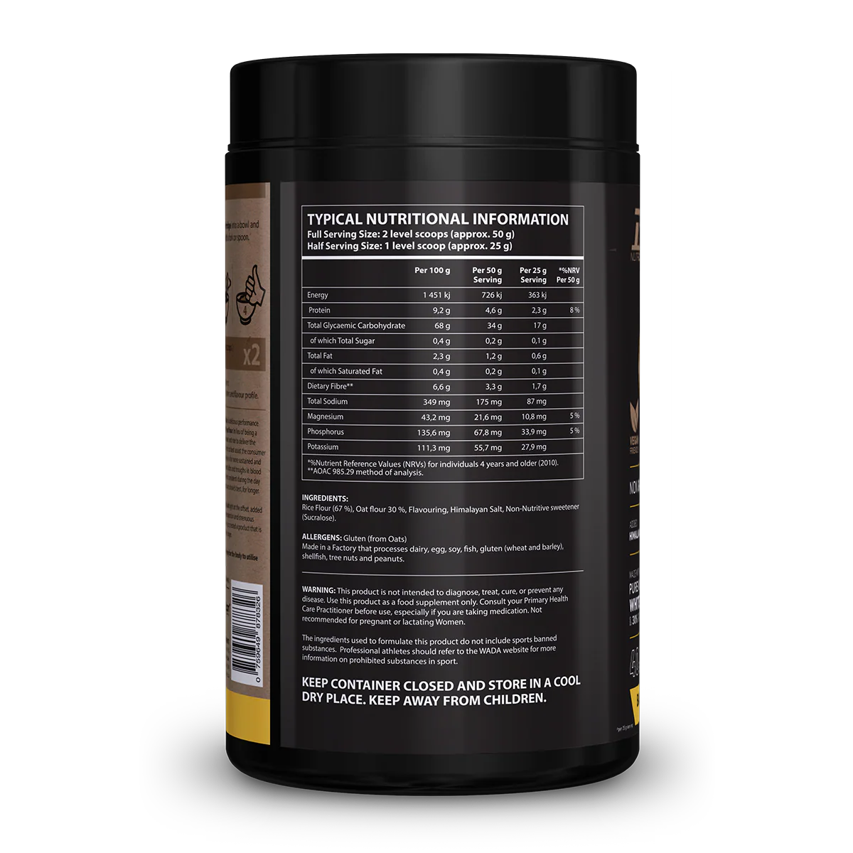 Nutritional information label on a supplement container with a white background