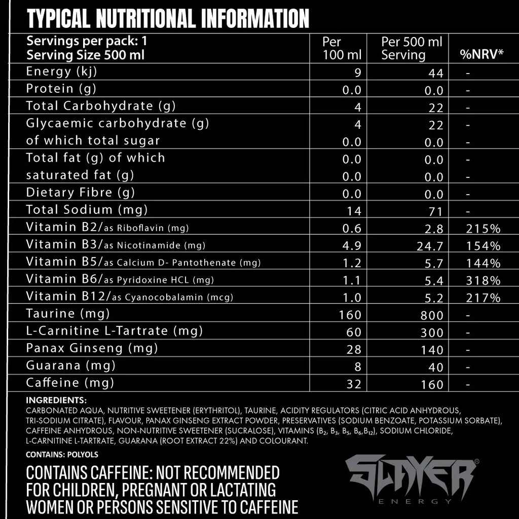 Nutritional information table for a product with 'Slayer Energy' branding.