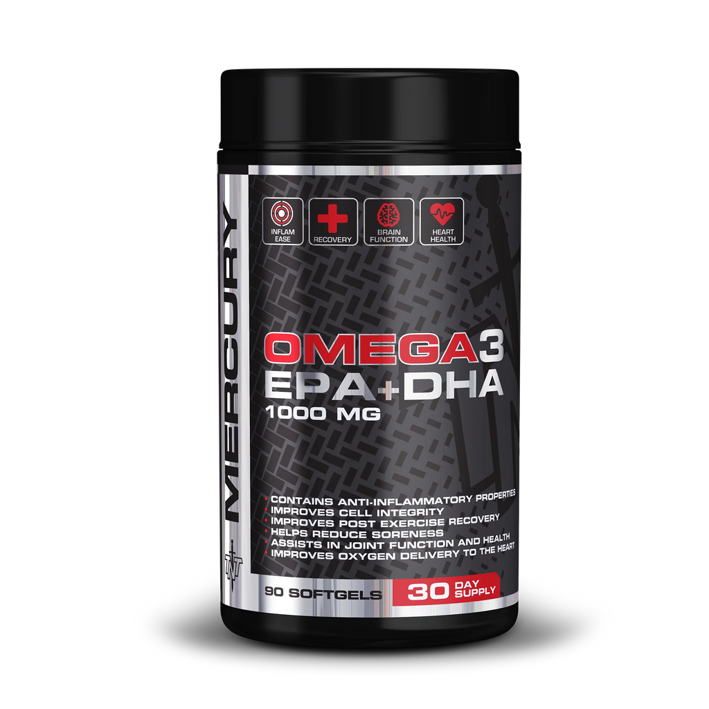 Supplement container labeled 'Omega 3 EPA + DHA' on a white background Muscle Mecca