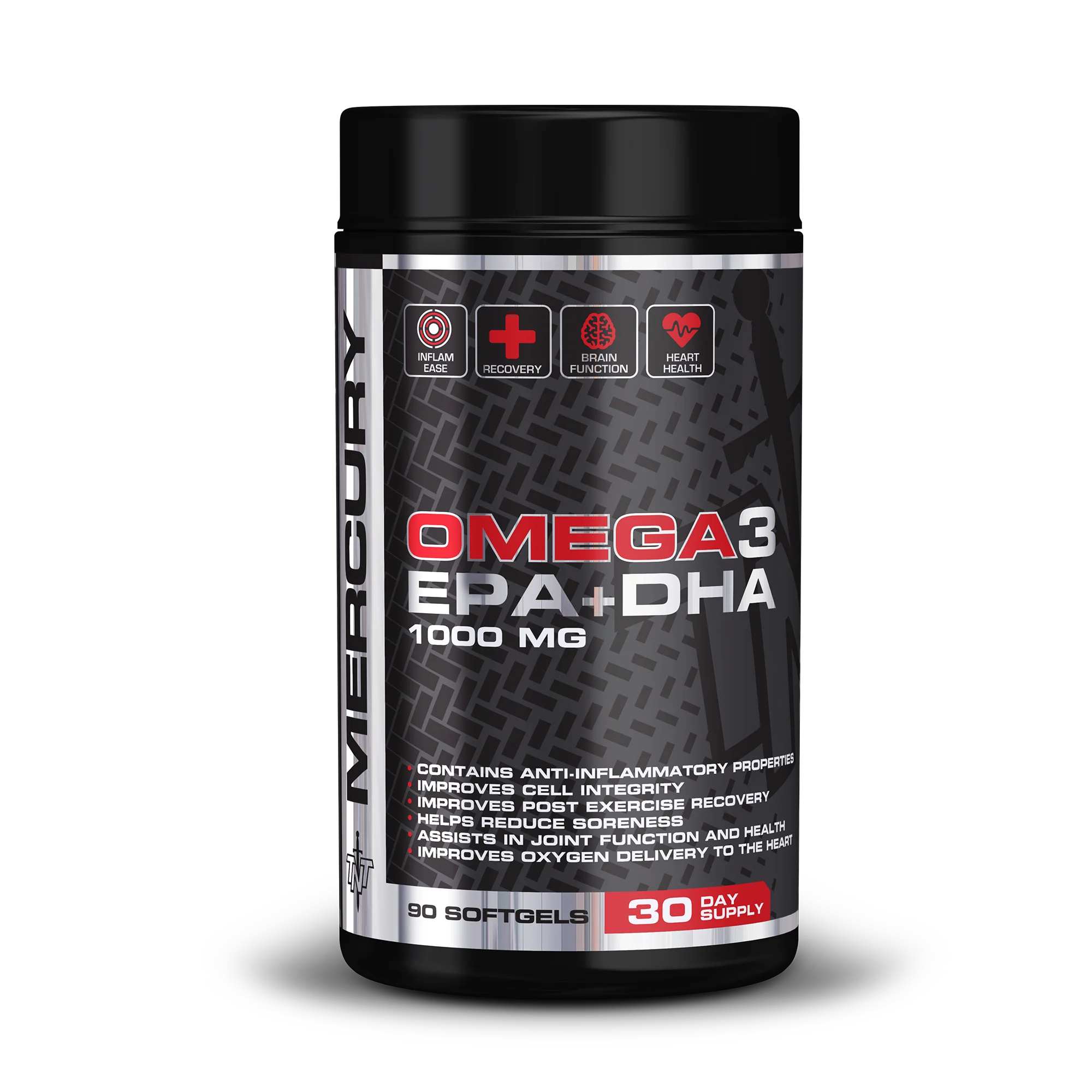 Supplement container labeled 'Omega 3 EPA + DHA' on a white background Muscle Mecca