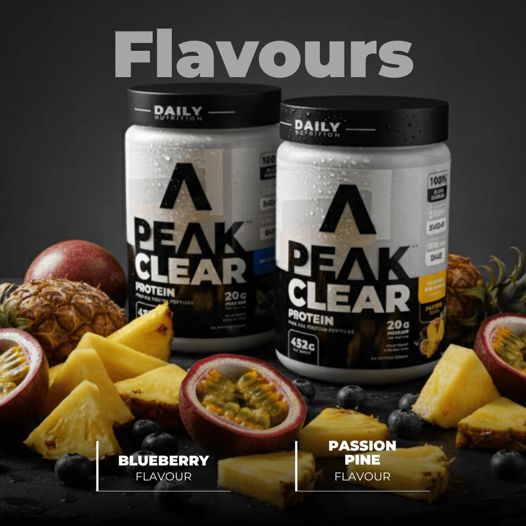 Two containers of Peak Clear protein with fruit on a dark background Muscle Mecca