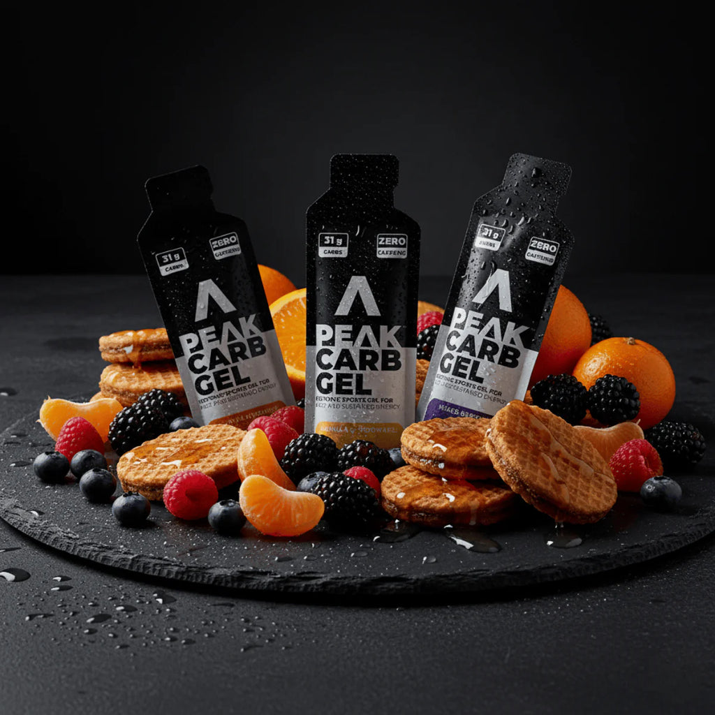 Peak Carb Gel bottles with cookies and fruits on a dark surface Muscle Mecca