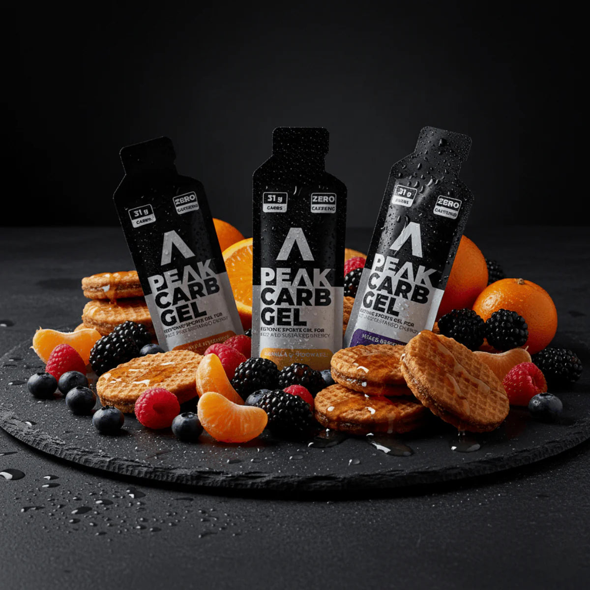 Peak Carb Gel bottles with cookies and fruits on a dark surface Muscle Mecca