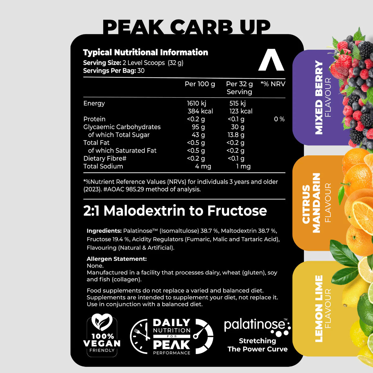 Nutritional information label for Palatinose Peak Carb Up with flavor options displayed. Muscle Mecca