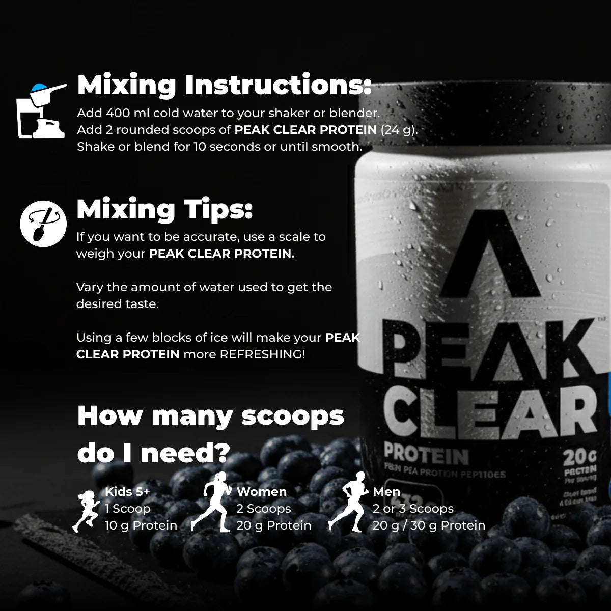 Peak Clear Protein packaging with mixing instructions and tips on a black background Muscle Mecca
