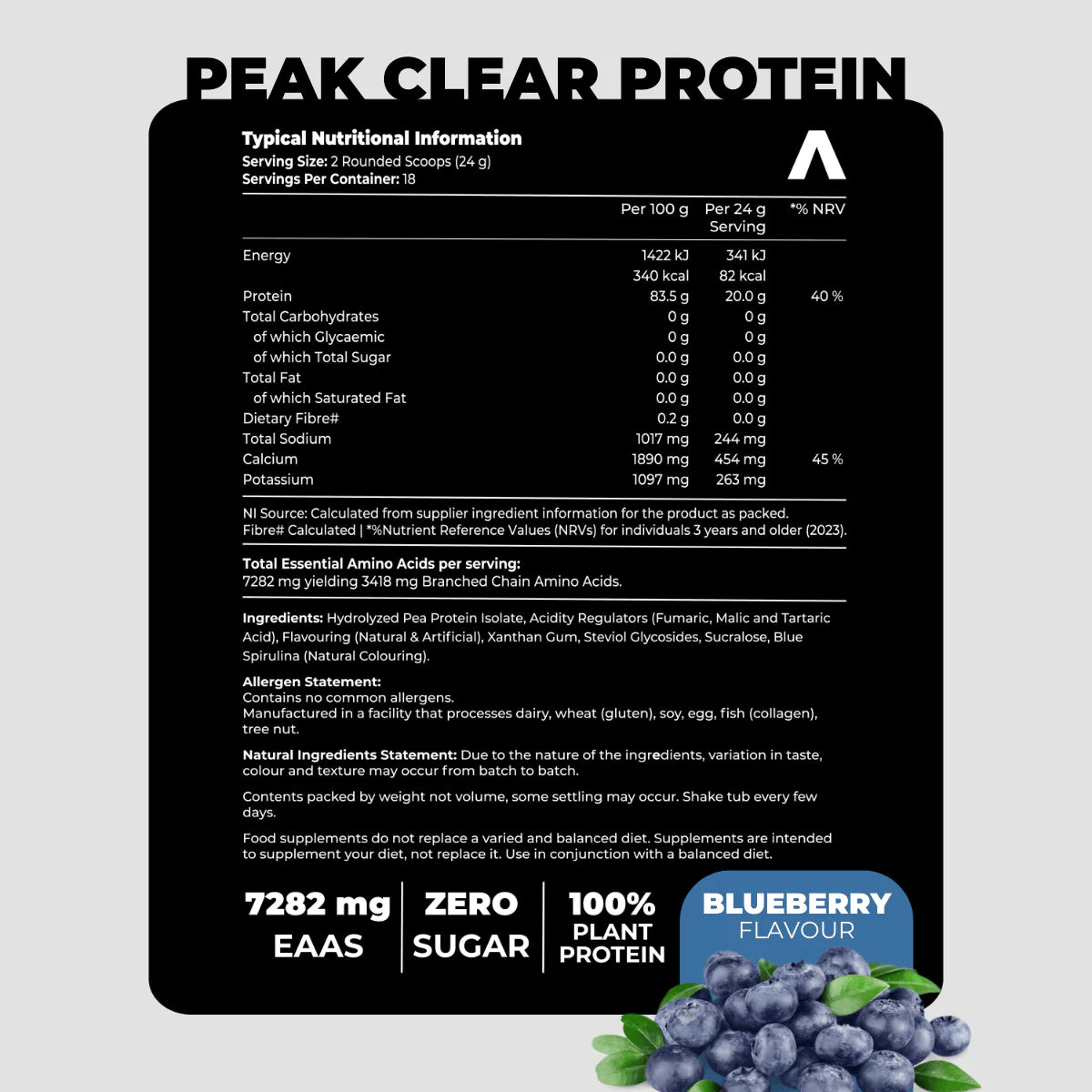 Nutritional label for Peak Clear Protein with blueberry flavor information.Muscle Mecca