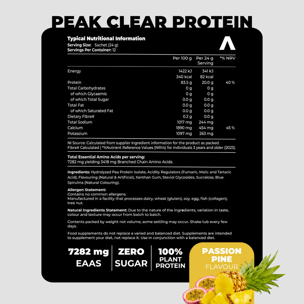 Nutritional information label for Peak Clear Protein with a pineapple flavor.Muscle Mecca