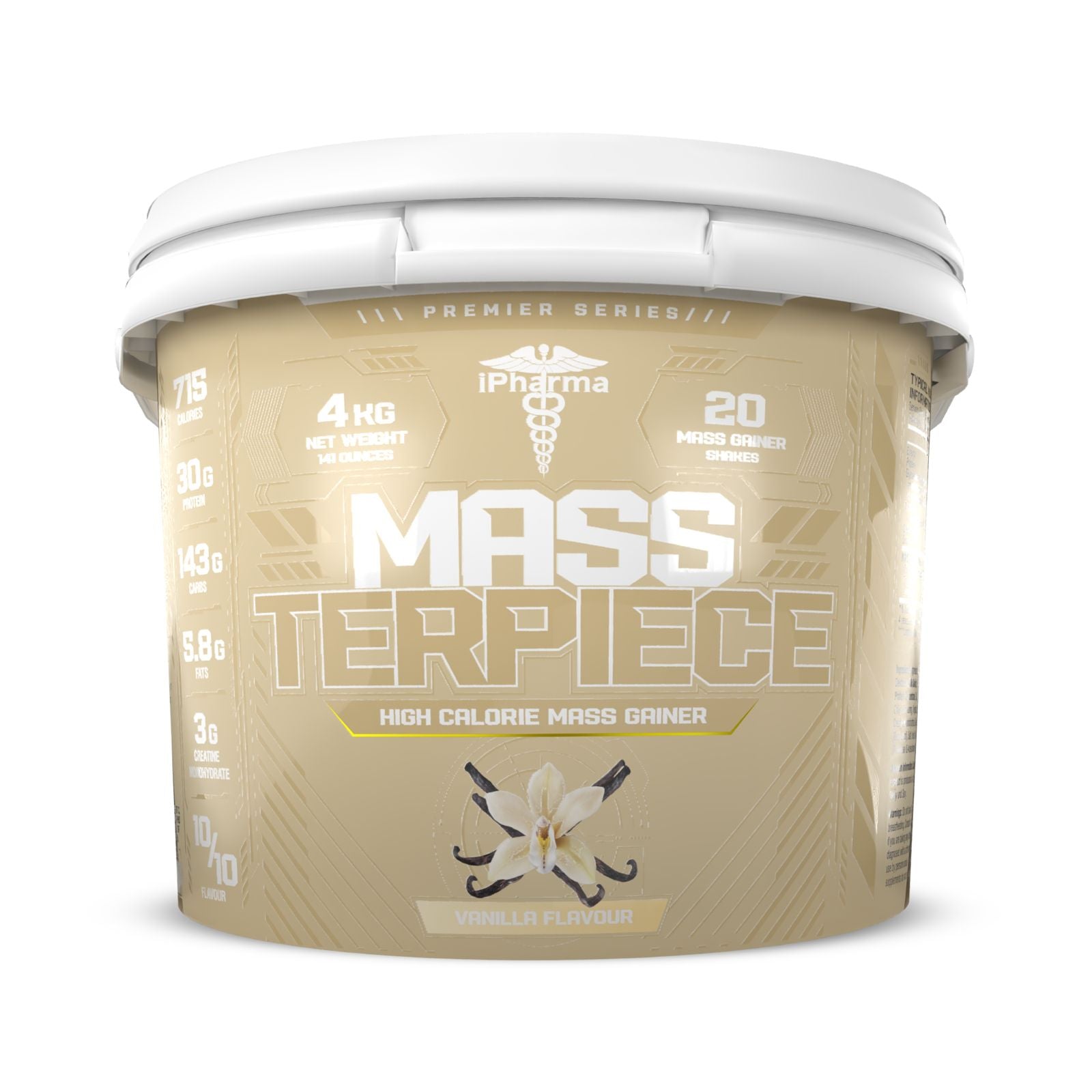 Mass Terpiece high calorie mass gainer container with iPharma logo on a white background Muscle Mecca