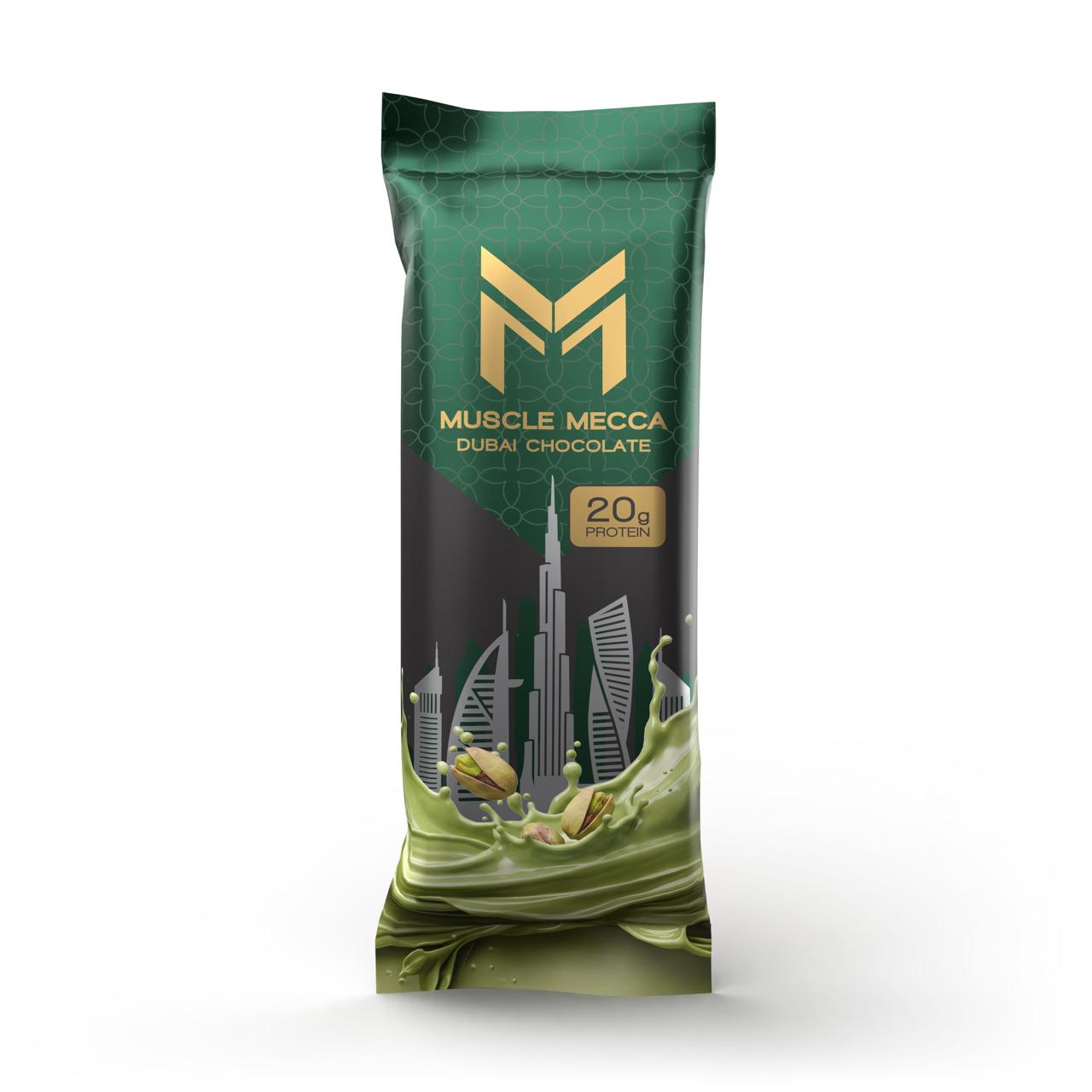 Green package of Muscle Mecca Dubai Chocolate with cityscape design on a white background