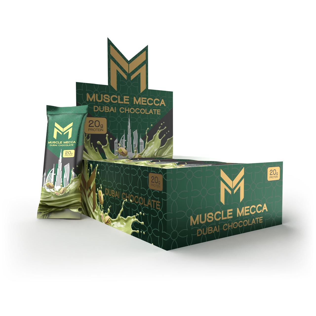 Box and packets of Muscle Mecca Dubai Chocolate on a white background