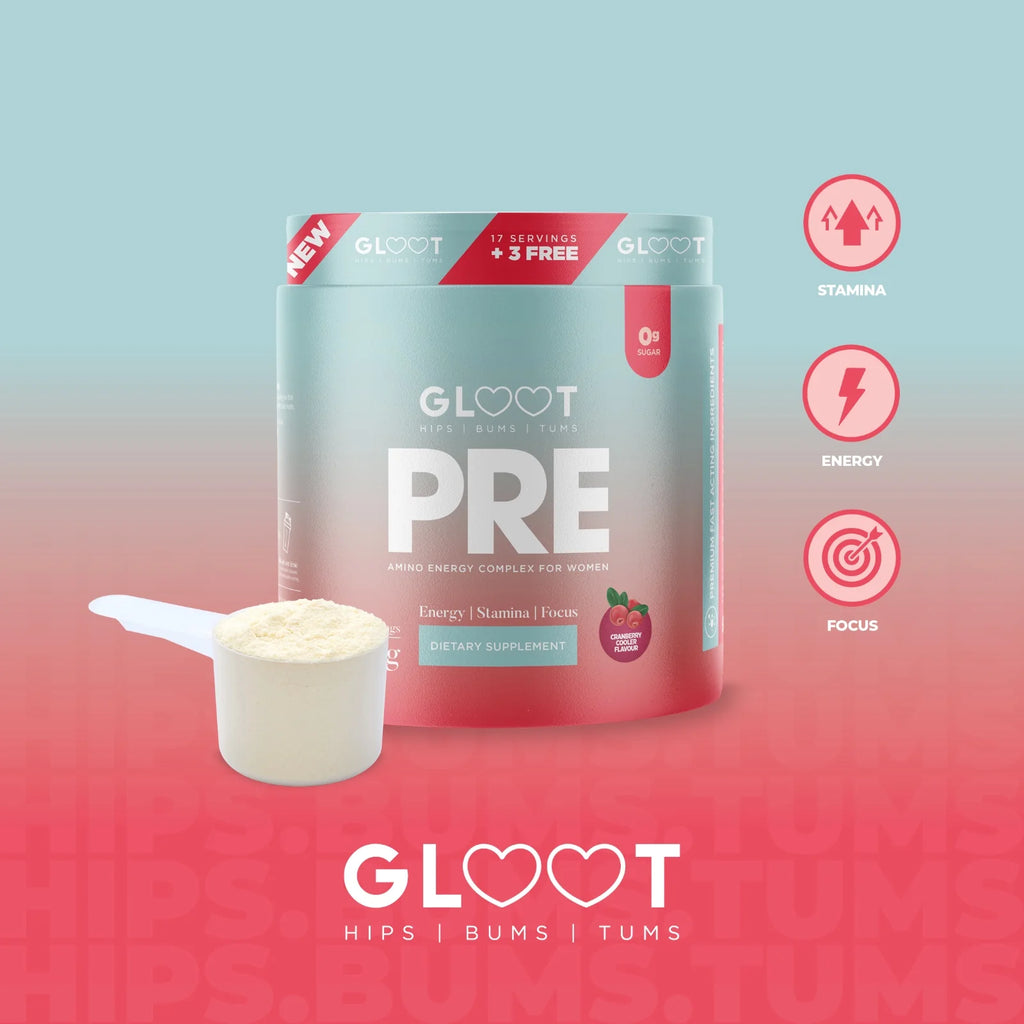Gloot pre supplement packaging with a scoop of powder on a gradient background Muscle Mecca