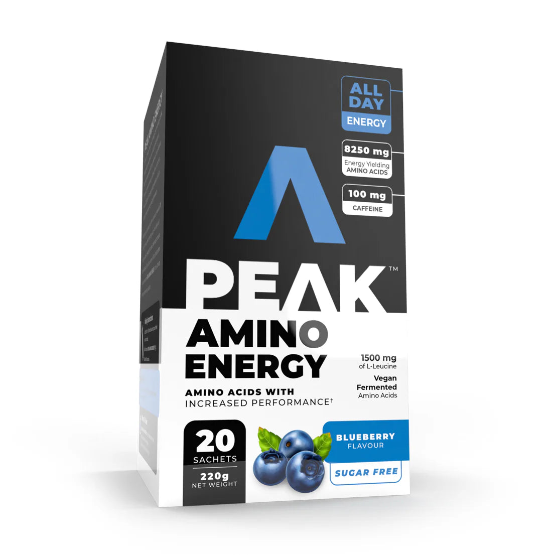 Peak Amino Energy supplement packaging with blueberry flavor indication on a white background Muscle Mecca