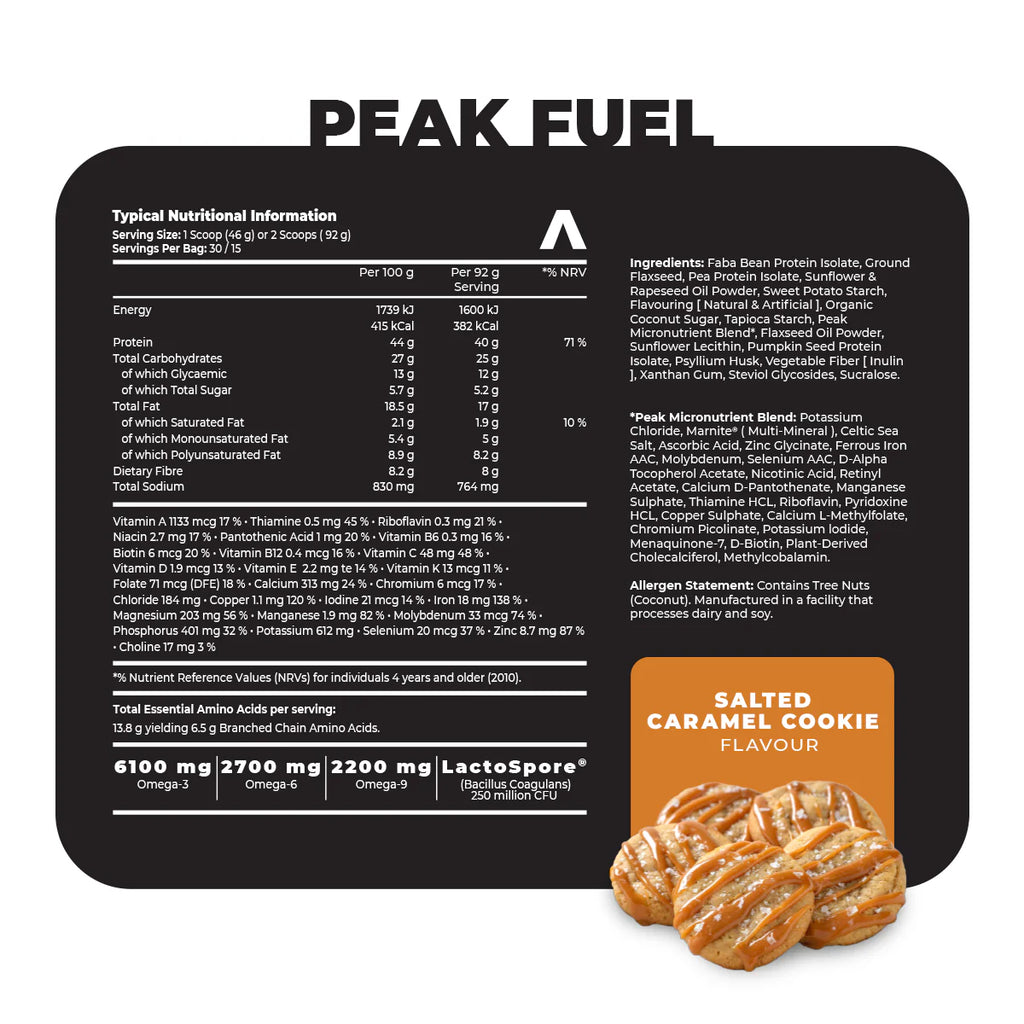 Peak Fuel supplement packaging with nutritional information and a salted caramel cookie flavor label. Muscle Mecca