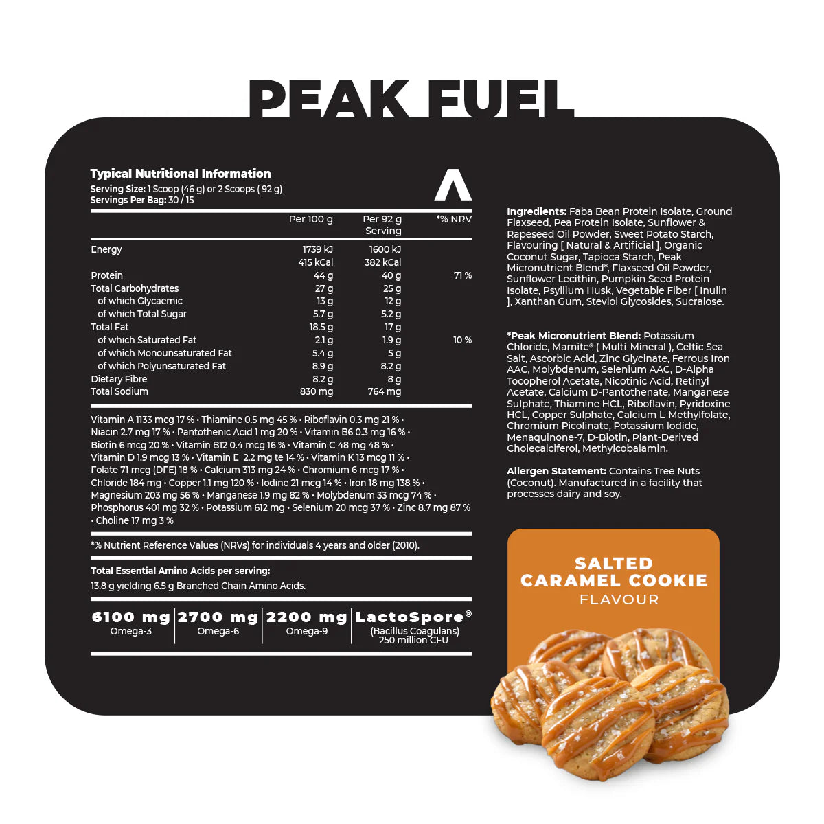Peak Fuel supplement packaging with nutritional information and a salted caramel cookie flavor label. Muscle Mecca