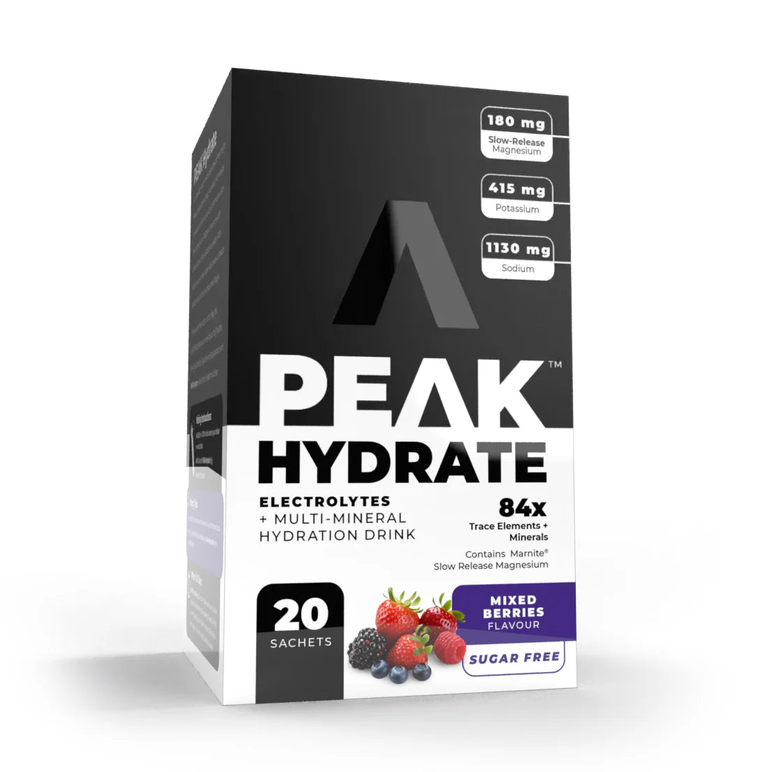 Peak Hydrate electrolytes and multi-mineral hydration drink box on a white background Muscle Mecca