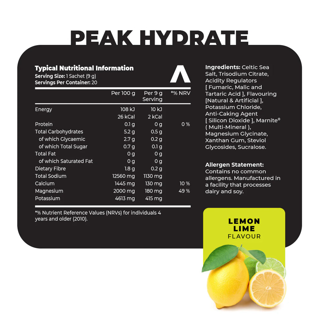 Nutritional information label for a 'Peak Hydrate' product with lemon lime flavor, featuring lemons on a white background. Muscle Mecca