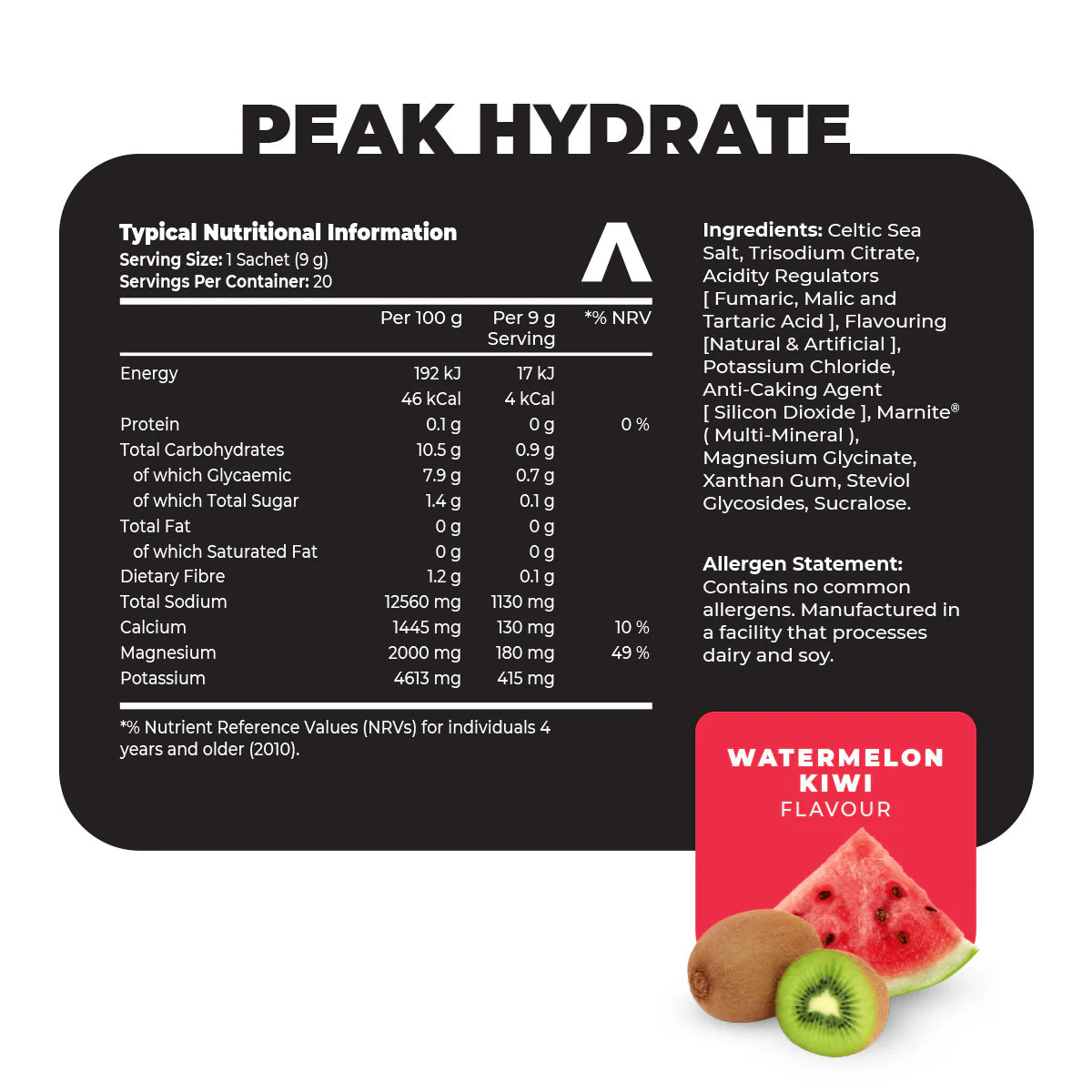 Nutritional information label for Peak Hydrate watermelon kiwi flavor with ingredients list and allergen statement. Muscle Mecca