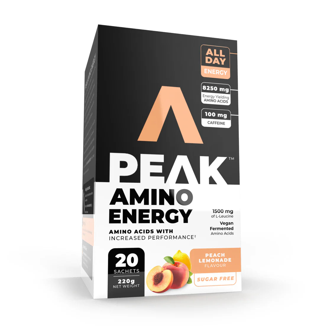 Peak Amino Energy supplement packaging on a white background Muscle Mecca