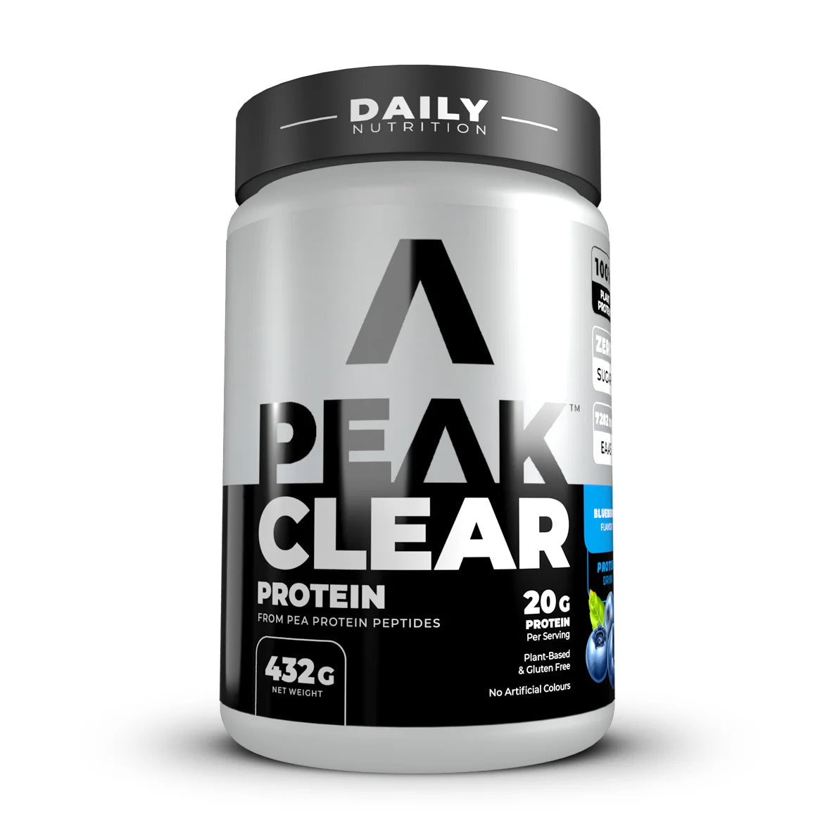 Peak Clear Protein container with black and white label on a white background Muscle Mecca