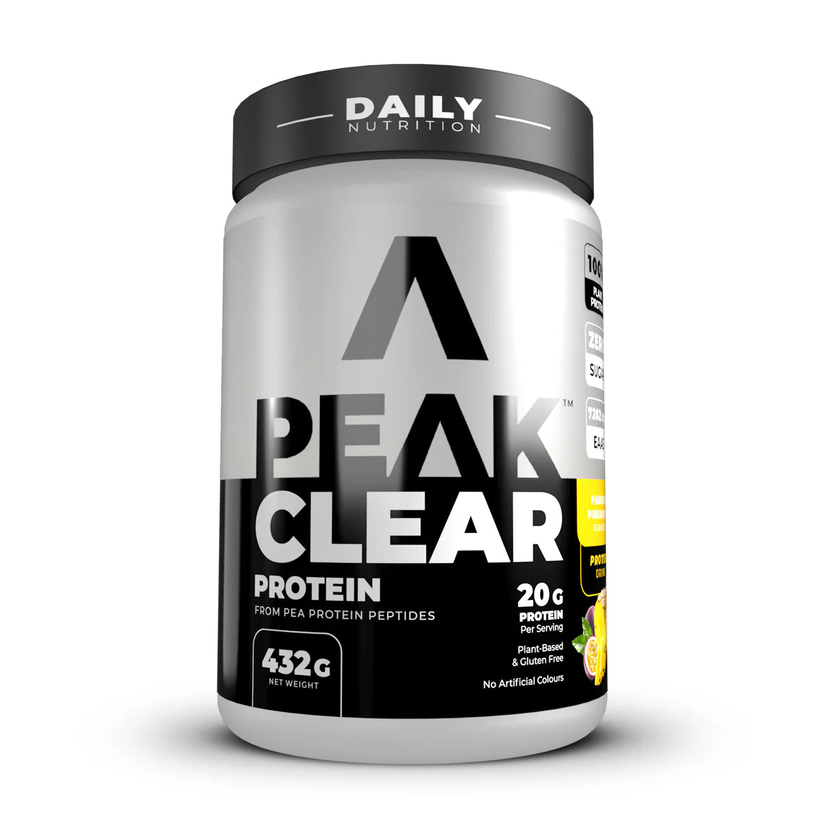 Peak Clear Protein container with black and white label on a white background Muscle Mecca