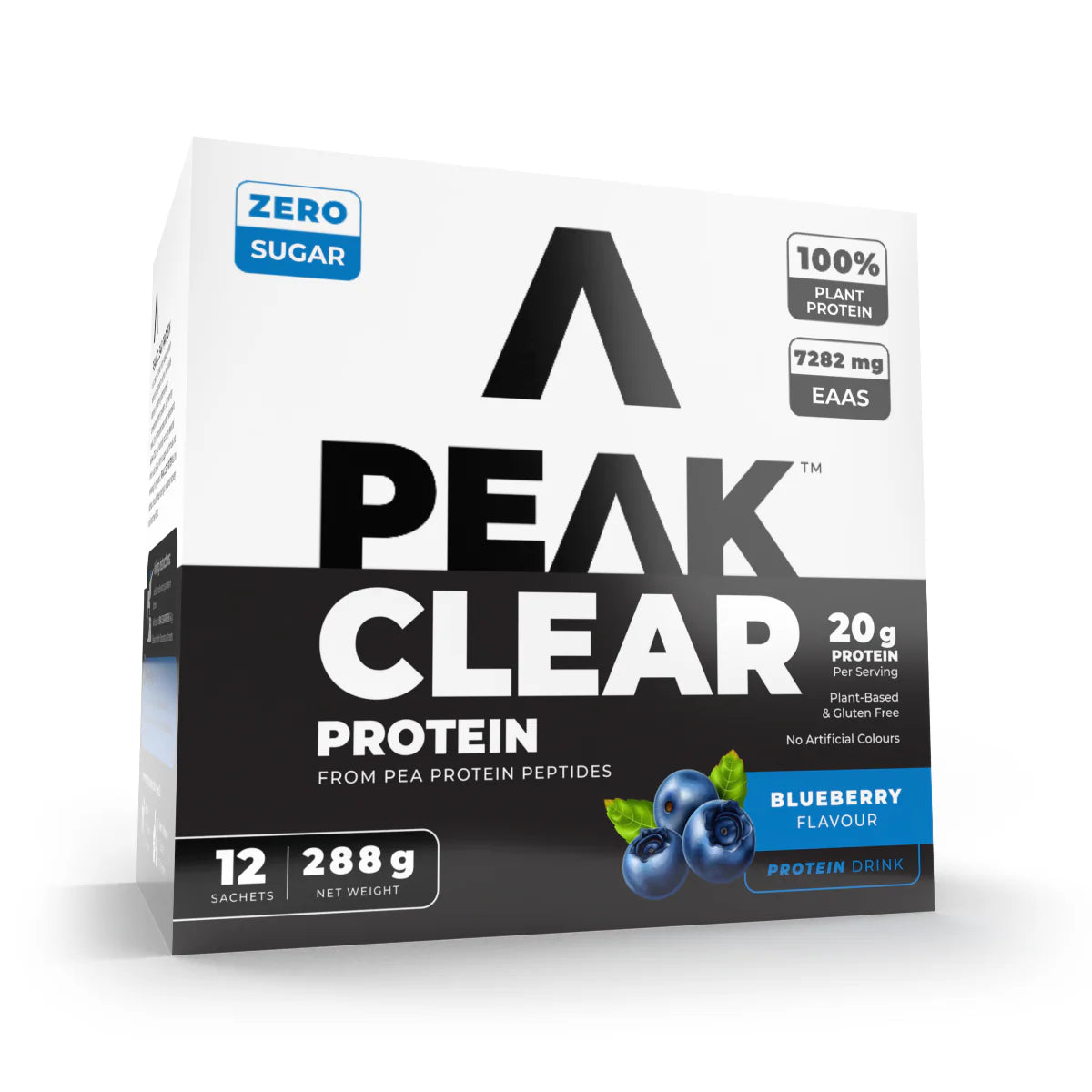 Box of Peak Clear Protein with blueberry flavor on a white background Muscle Mecca