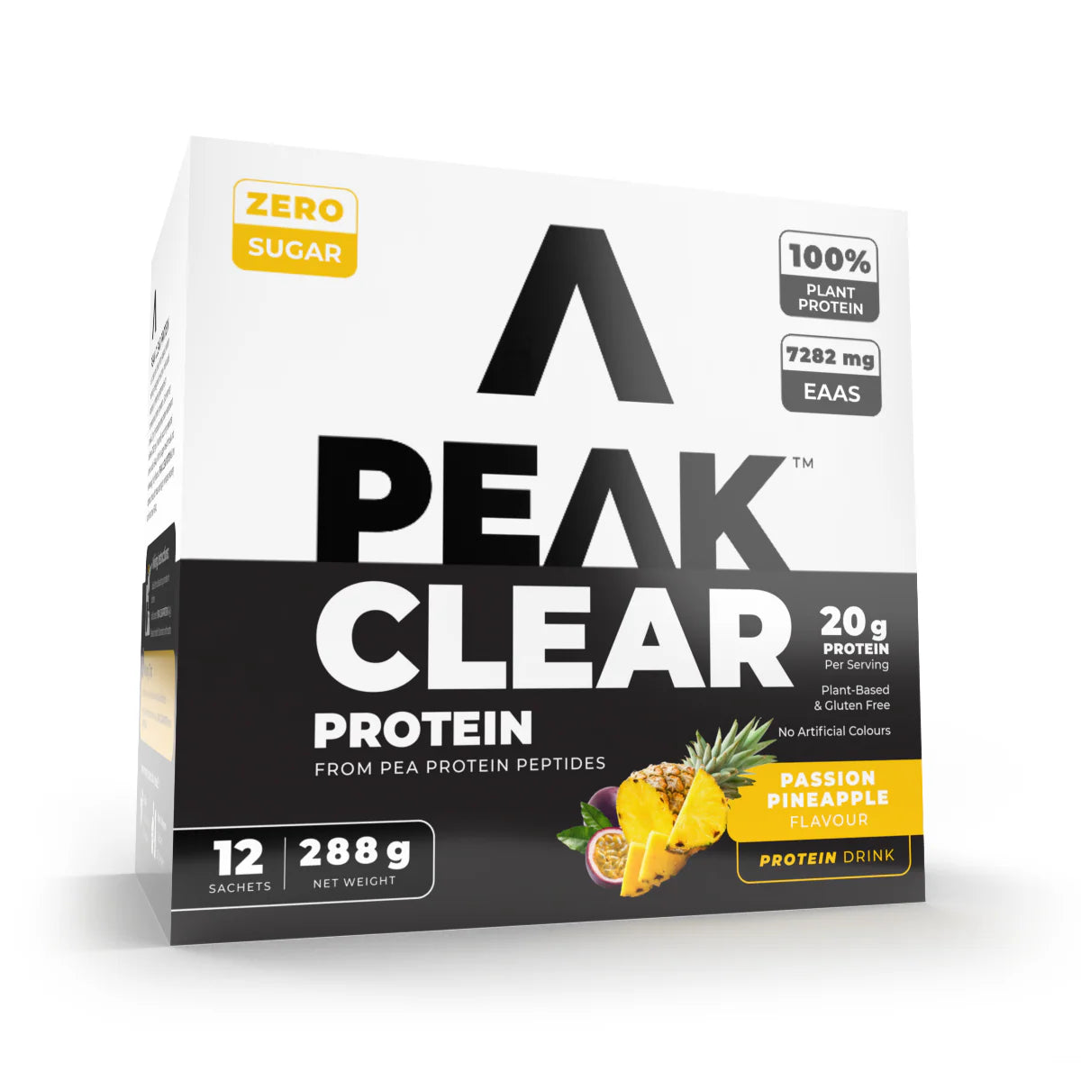Box of Peak Clear Protein with passion pineapple flavor on a white background Muscle Mecca