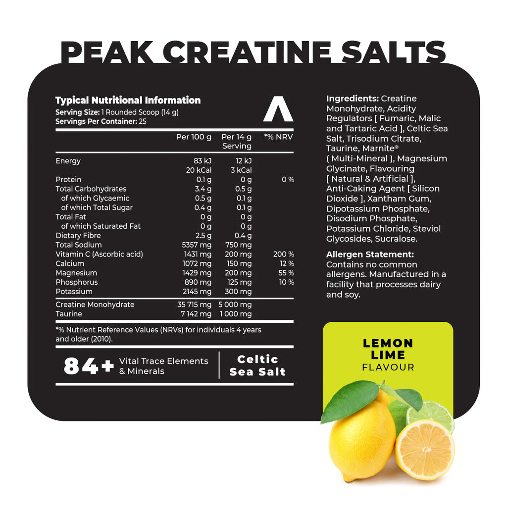 Nutritional label for Peak Creatine Salts with lemon lime flavor on a white background Muscle Mecca